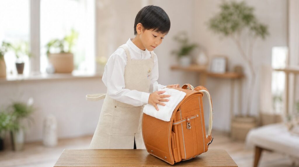 ランドセルを拭く男の子